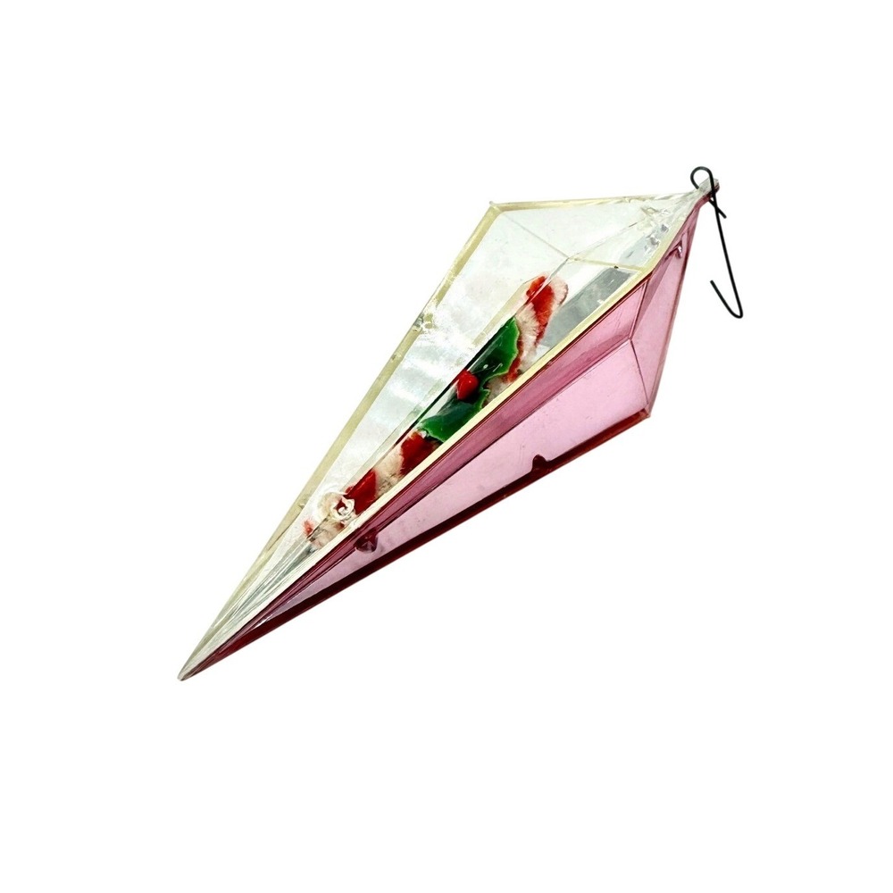 Jewelbrite Mid Century Pink Plastic Diorama Icicle‎ Ornament Candy Cane Holly
